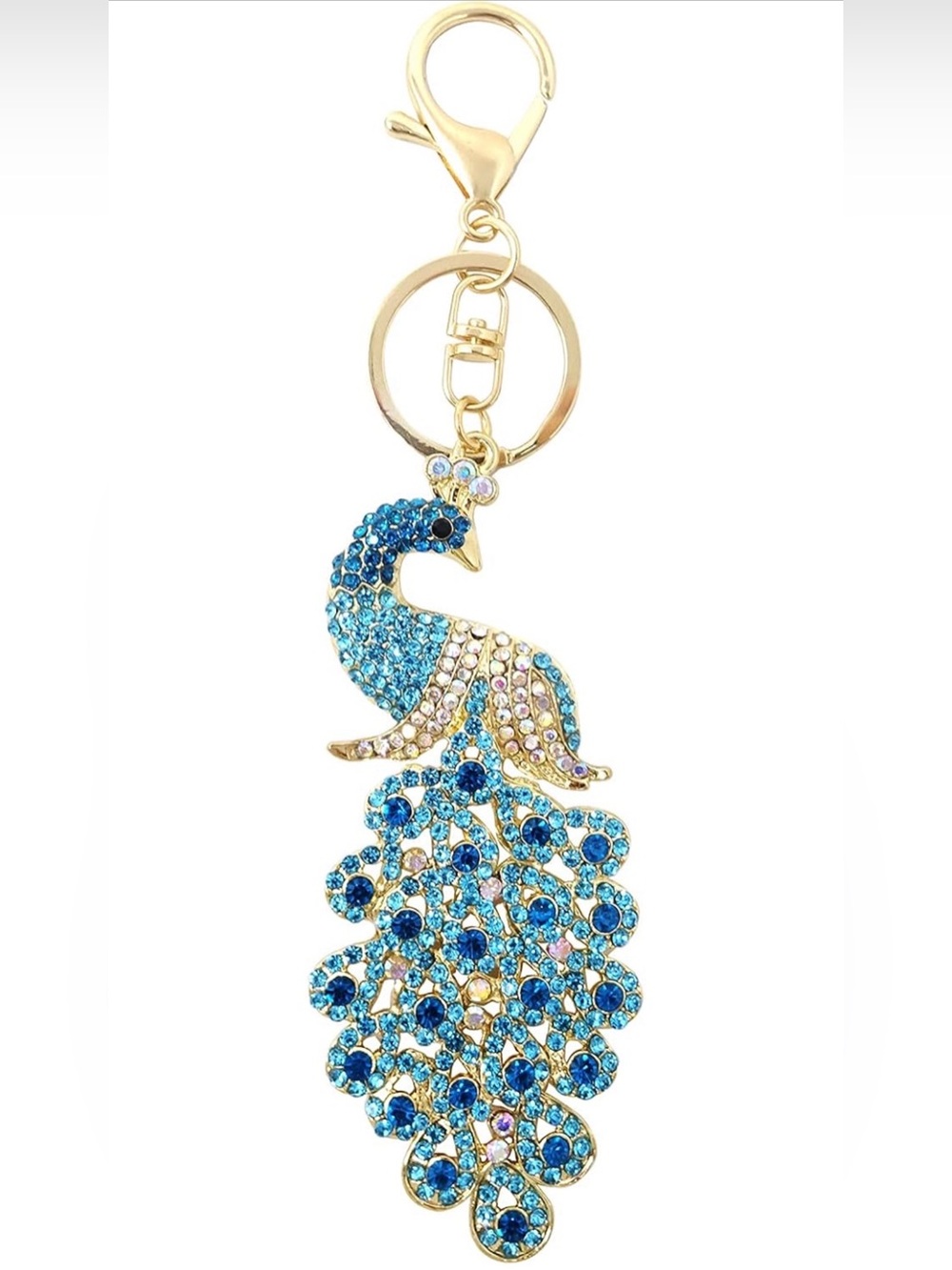 Gold-Tone Peacock Pendant Keychain with Blue Crystal Accents